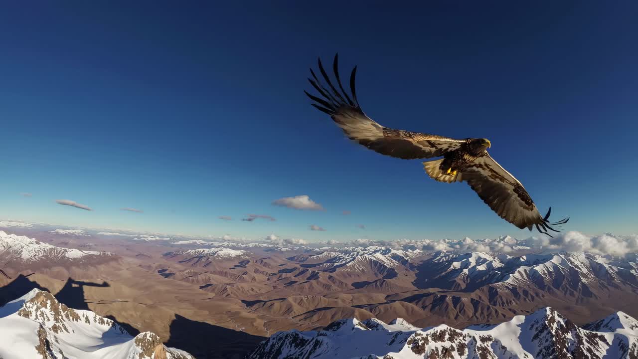 Aerial video captures an eagle soaring over snow-capped mountains