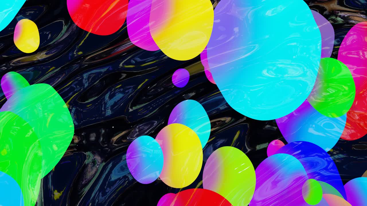 빛나는 반이는 표면의 추상적인 루프 된 배경은 무지개 색의 원과 함께 파란 투명한 액체처럼 4k의 색 gradient와 함께 아름다운 창조적 인 배경입니다.