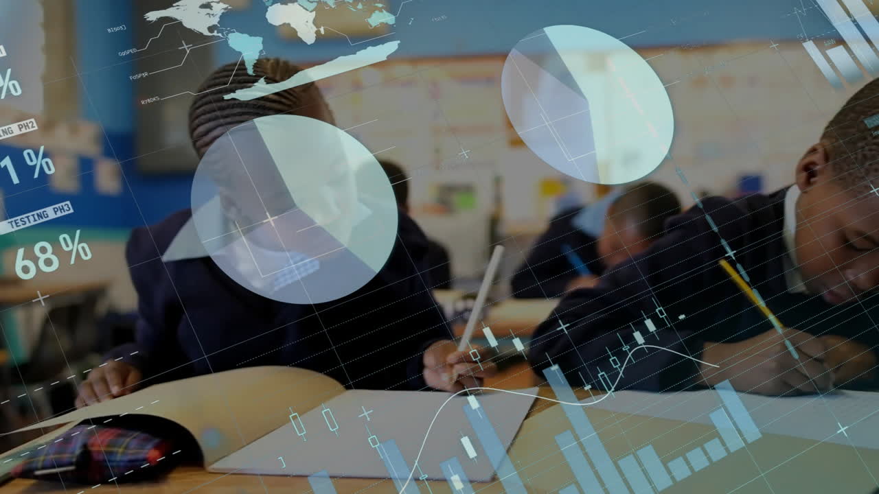 Animation of financial data processing over african american schoolchildren