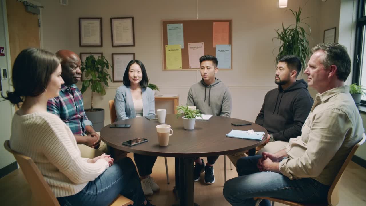 Talende mand i ternet skjorte starter samtale på møde, team lytter med blok, telefoner til diskussion