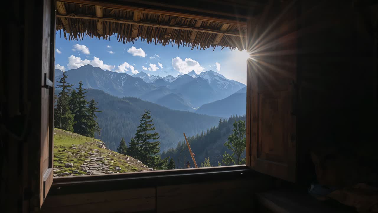Framing alpine valley from inside rustic cabin, sun entering open wooden window creating starburst