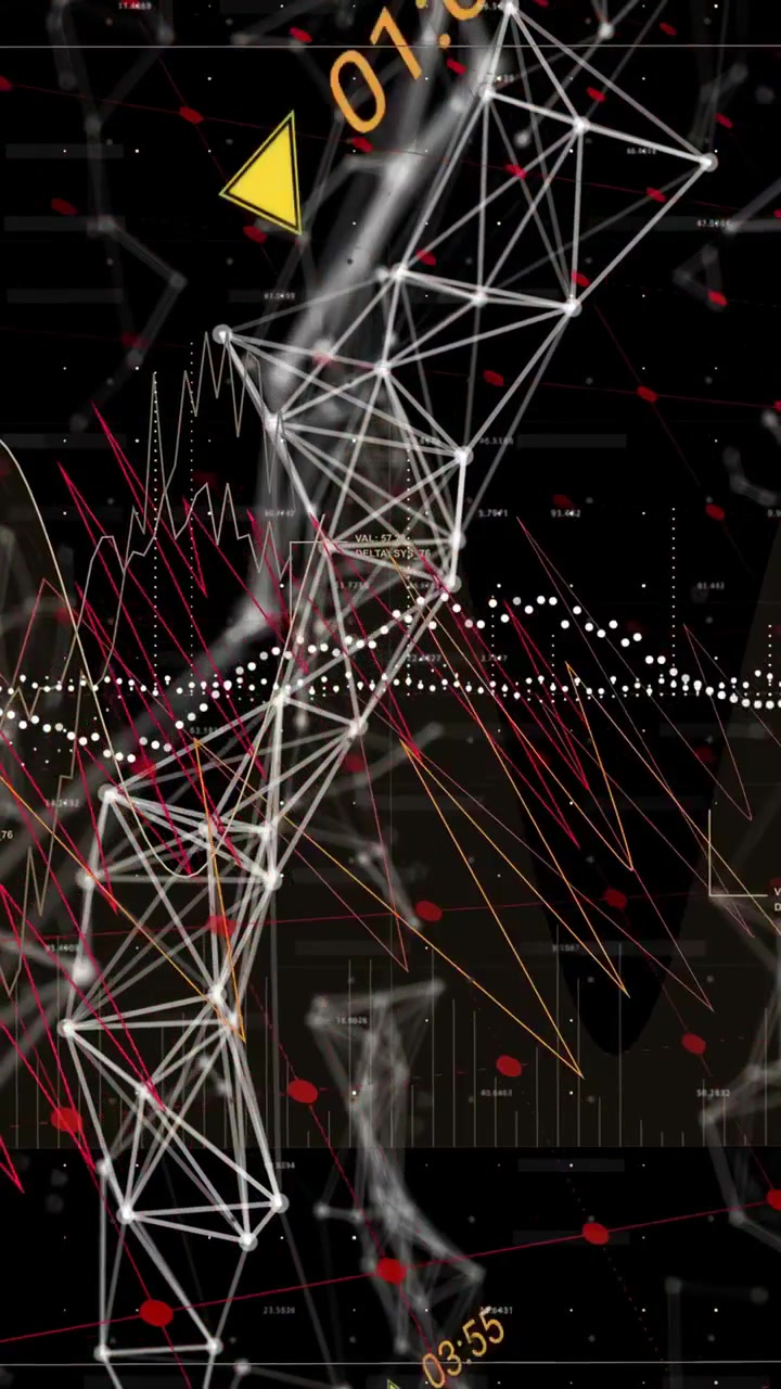 Vertical video: On data pulse white lattice twisting while yellow markers moving to show trends