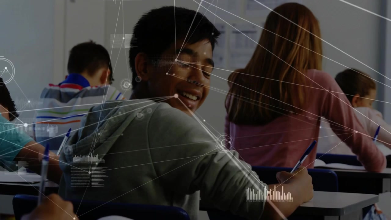 Teen student finishing work turning and smiling at camera reacting to peer HUD overlay aiding study