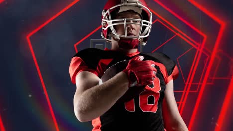 animation of caucasian american football player over neon tunnel on black background