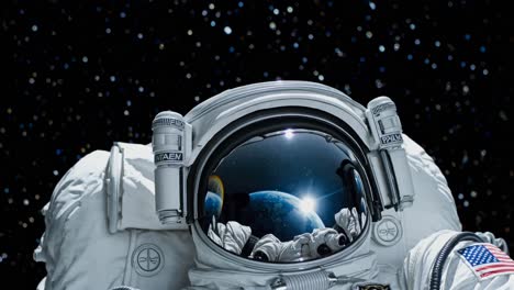 astronaut in space suit with earth reflection