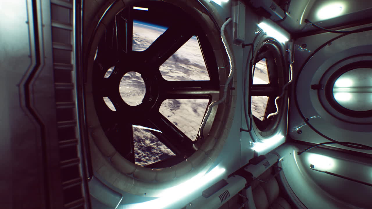 낮에 우주 정거장 창문에서 보는 지구의 모습