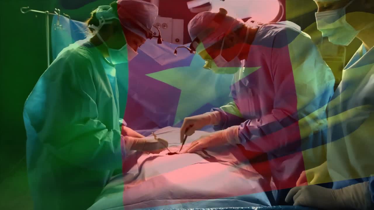 animación de la bandera de camerún ondeando sobre los cirujanos en el quirófano