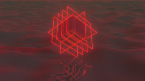 neon glowing rectangles around cube in a black space with reflected field. seamless loop simple 3d animation with neon glowing object
