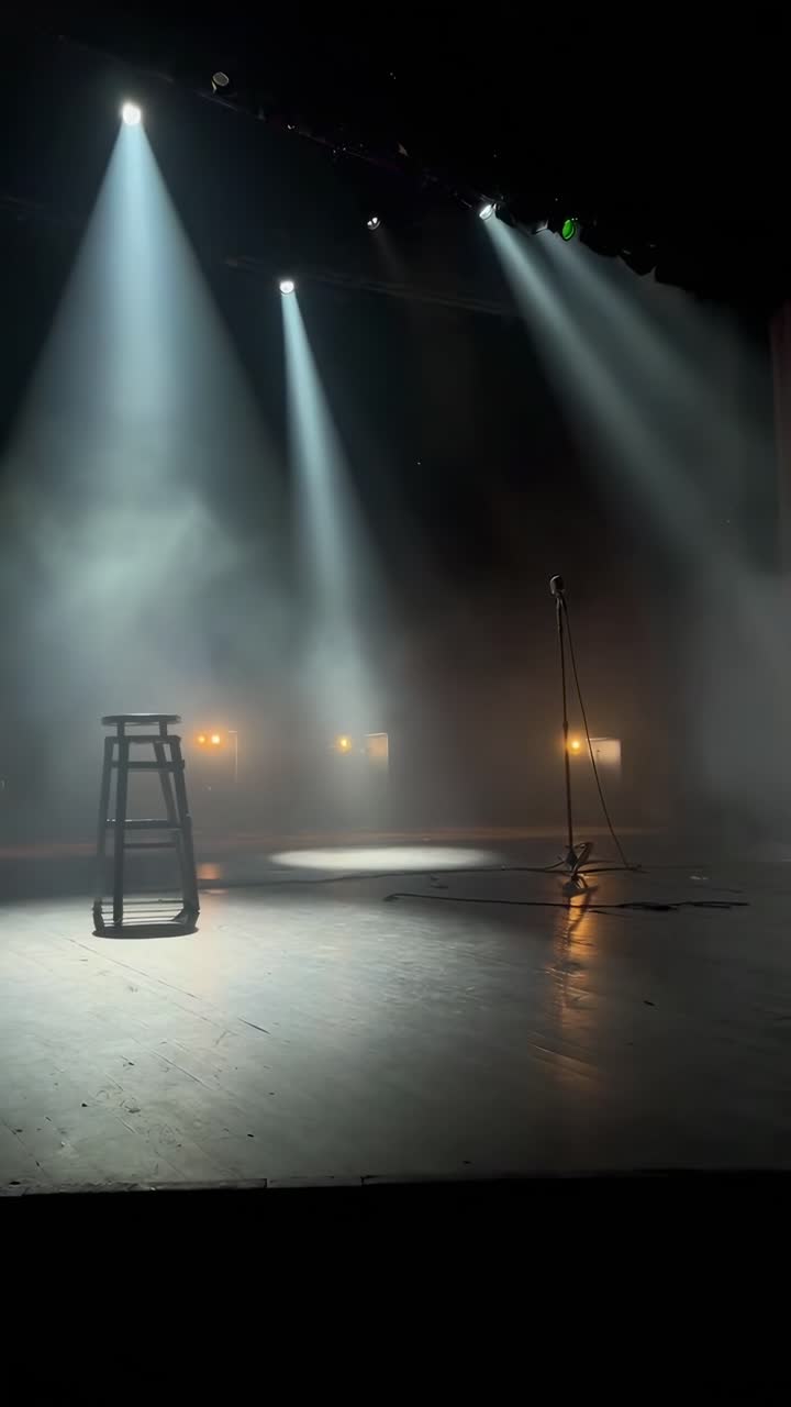 Escena de escenario con ambiente, con un foco sobre un micrófono y un taburete, capturada desde un ángulo bajo, ideal para video.