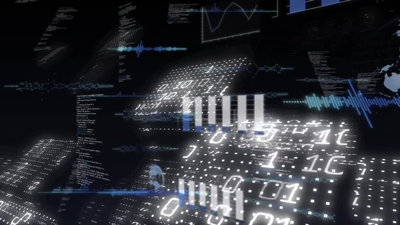 전 세계 화면에서 데이터 처리 및 이진 코딩의 애니메이션