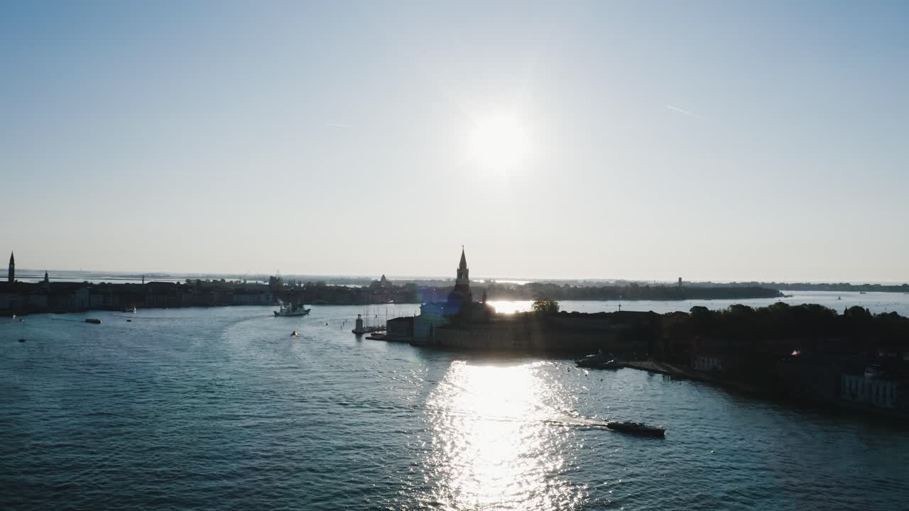 Aerial view of the S. George Bell Tower sitting amidst the Venice, Italy waterscape