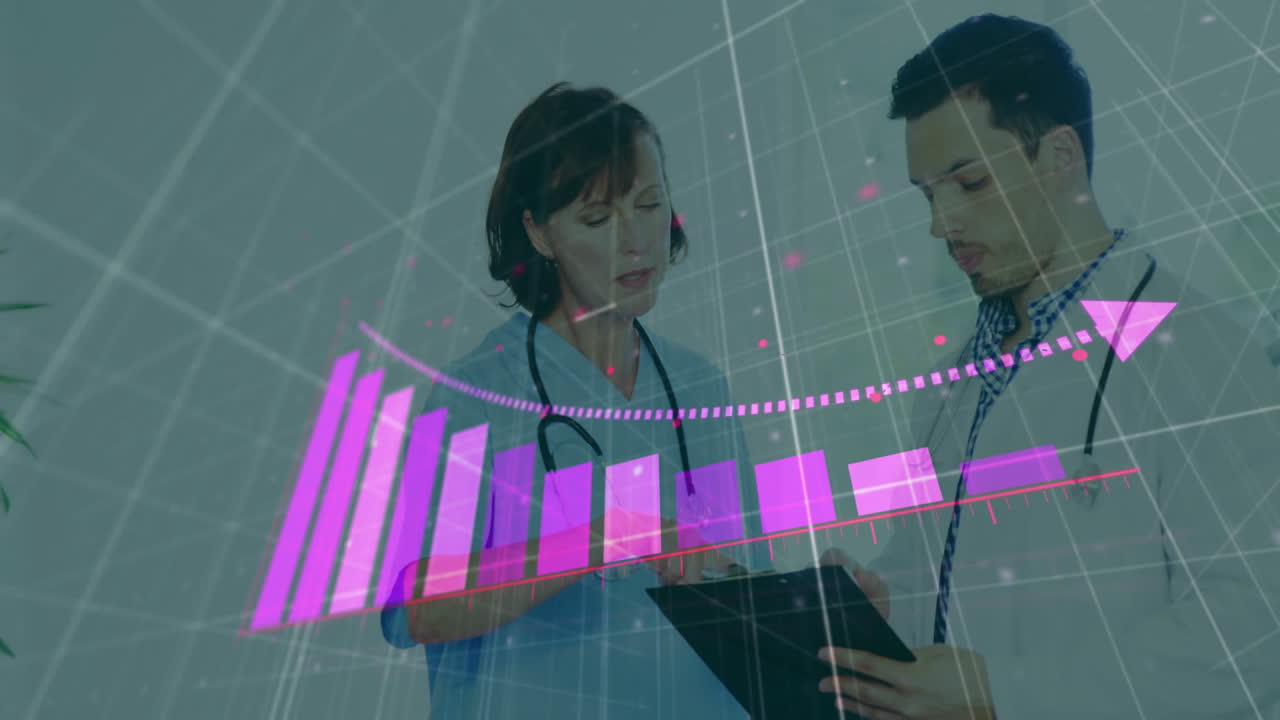 Animation of purple diagrams over caucasian doctors talking