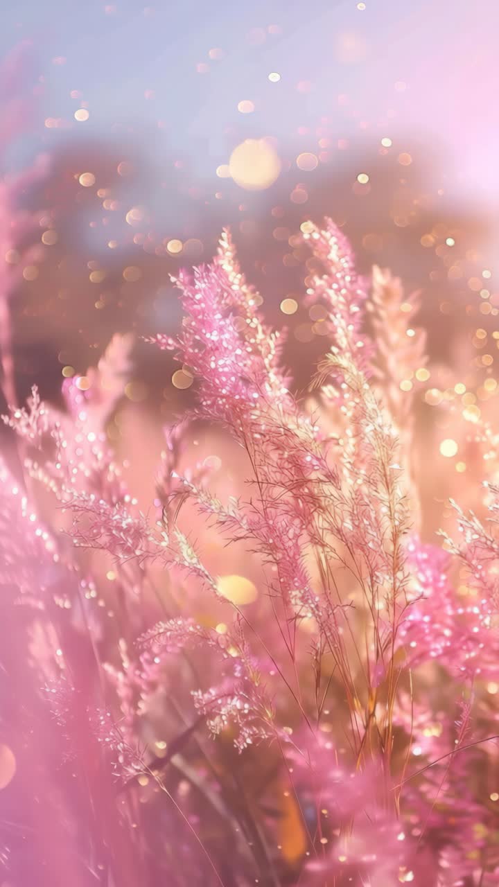 A dreamy, low-angle shot of pink wildflowers with bokeh lights, creating a magical atmosphere
