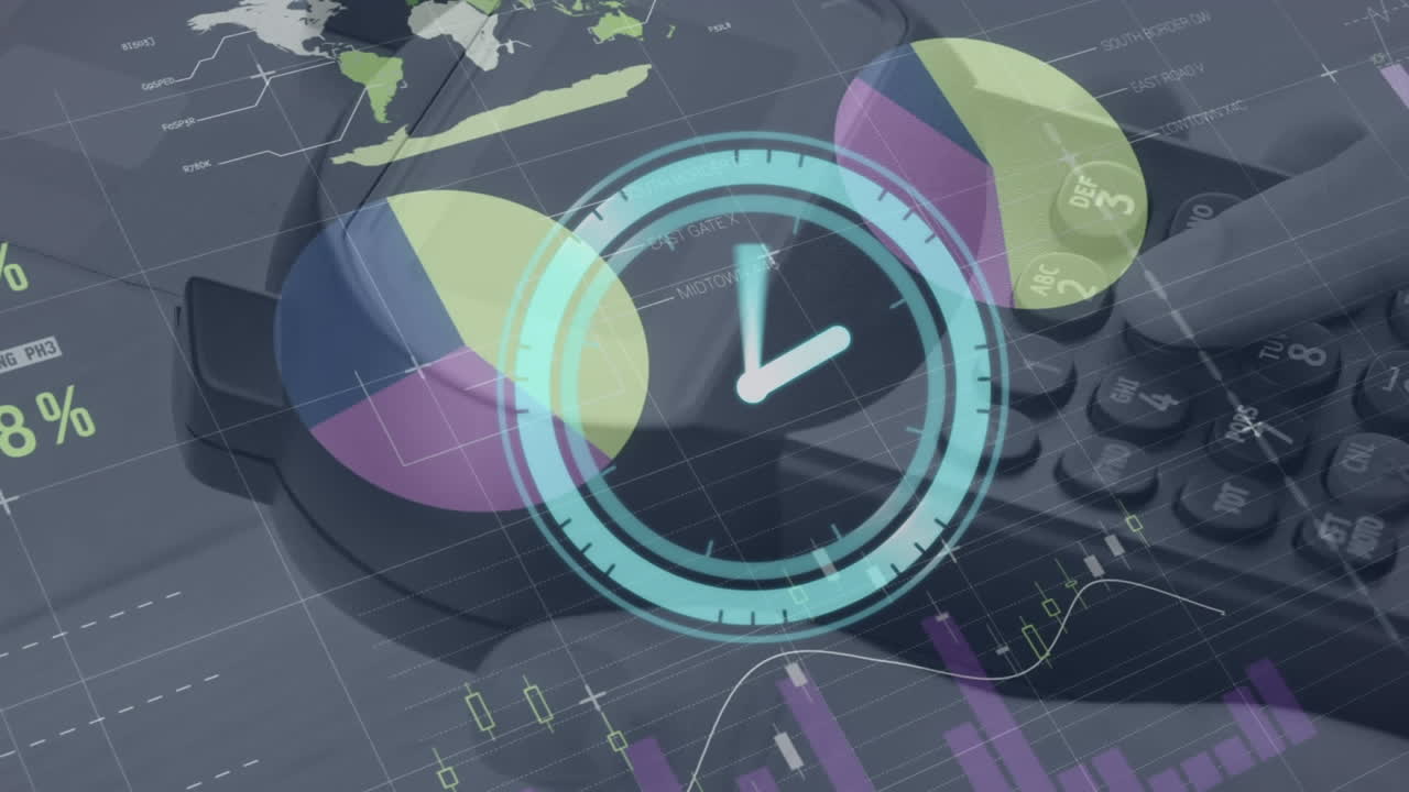 animación de reloj digital y interfaz infográfica a mano utilizando el lector de tarjetas de crédito.