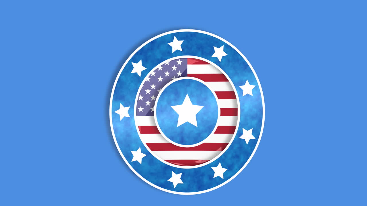 하색, 파란색 및 빨간색 원의 애니메이션, 하색 별과 파란색 배경에 있는 미국 발