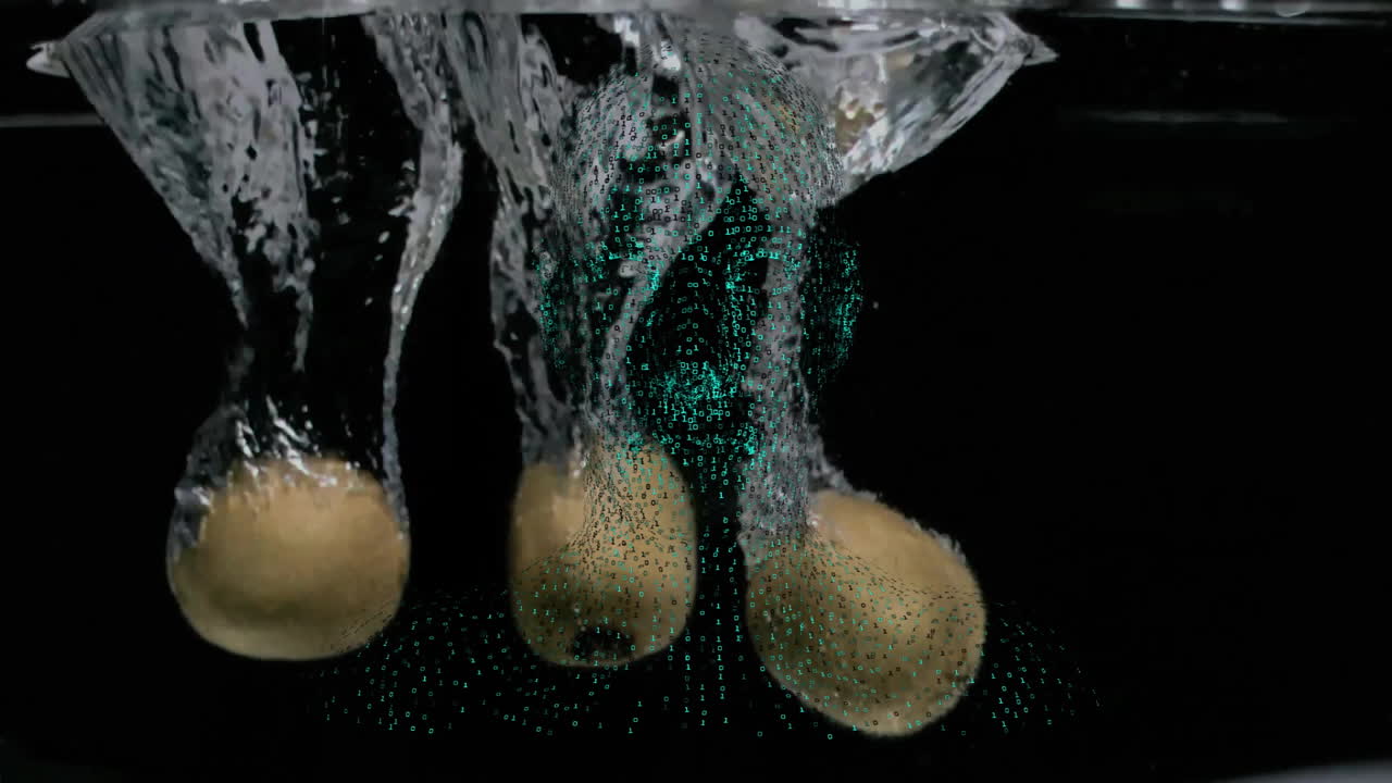 Animation of three lemons falling into water on black background