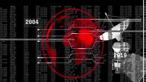 Animation-of-satellite-over-globe-and-numbers-processing-on-black-background