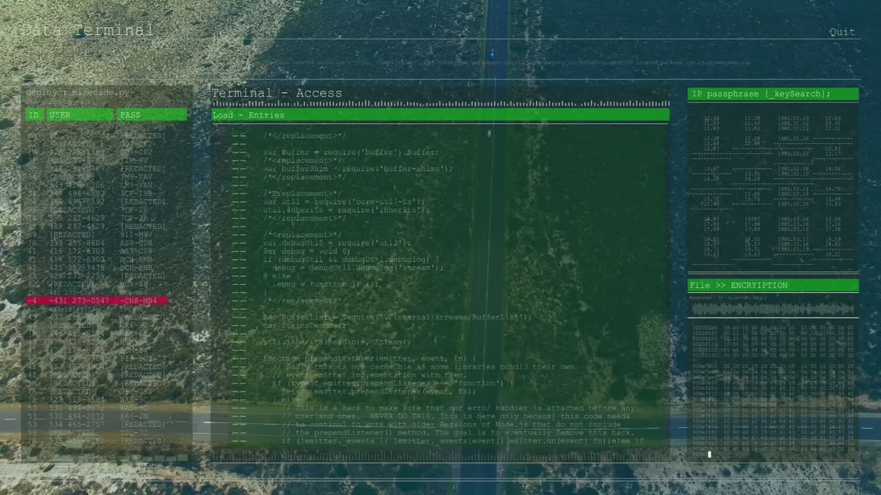 Flat design terminal interface being displayed over desert road, showing login table and hex dump
