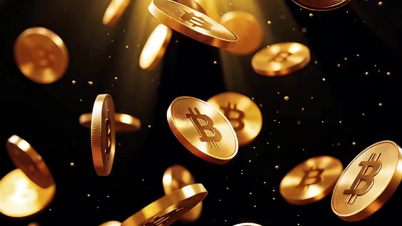 Bitcoin in rotazione su sfondo nero drammatico 4k