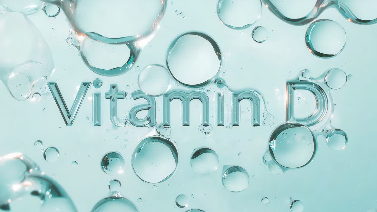 Camera zooming, revealing embossed Vitamin D at macro aqua plane, bubbles, droplets drifting