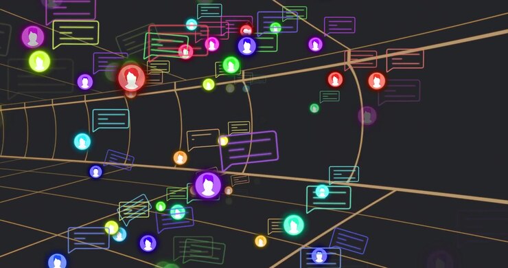 Initial drifting chat bubbles and avatars flowing through 3D wireframe tunnel, showing data stream