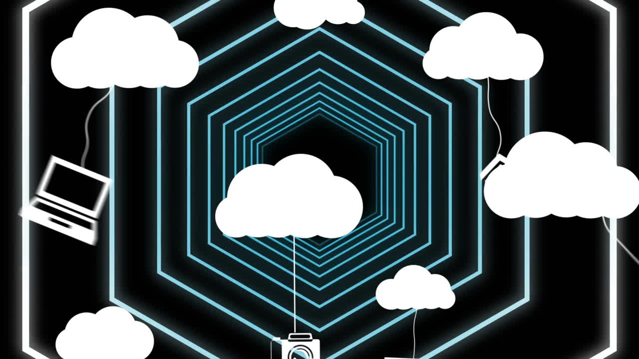 animación de nubes con iconos sobre hexágonos de neón