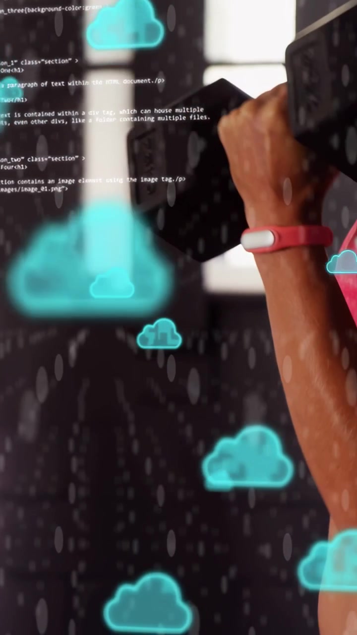 Vertical video: Woman looking down in gym, sparking neon cloud code, curling dumbbell to track reps