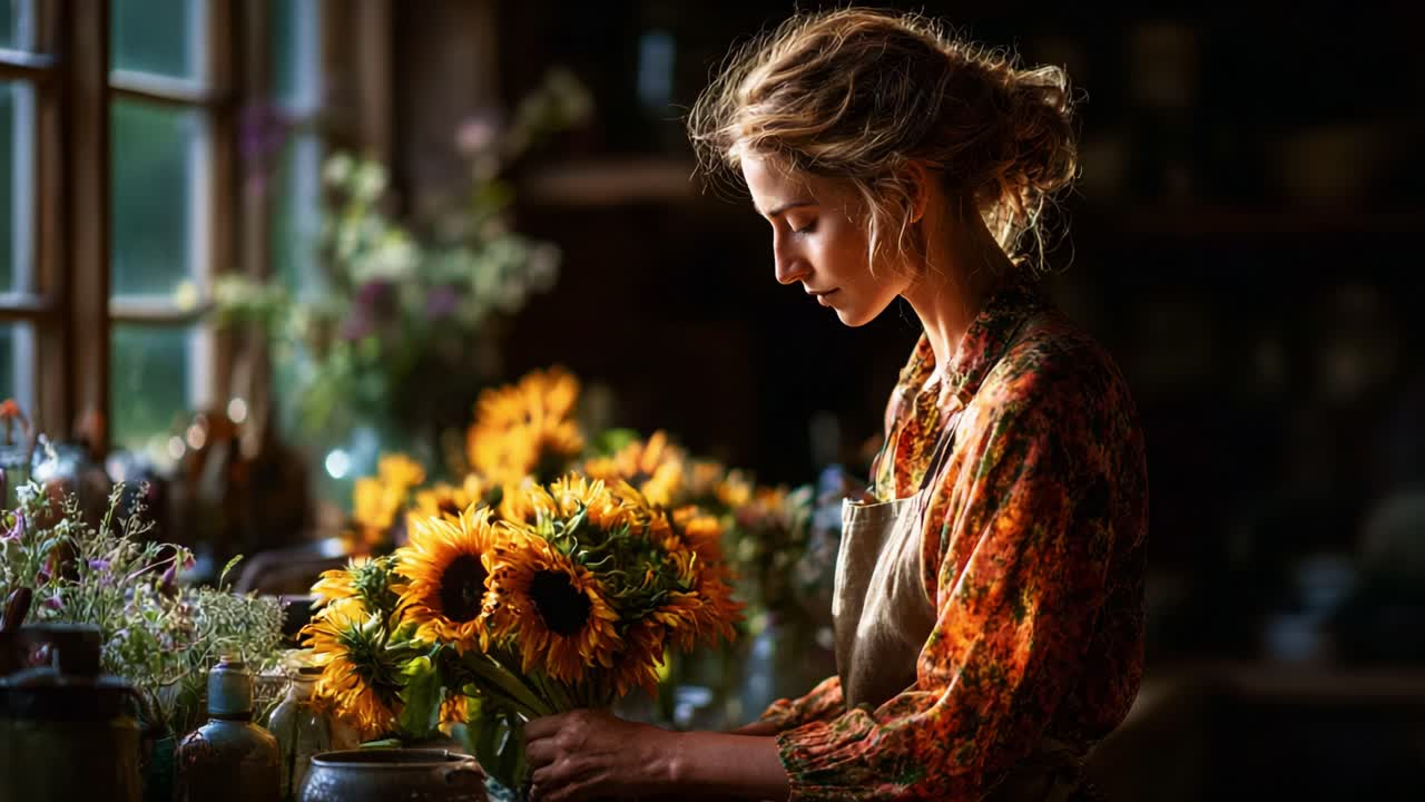 A serene moment captured in a sunlit room, where a young woman delicately arranges vibrant sunflowers, embodying the tranquility and beauty of nature in her craft