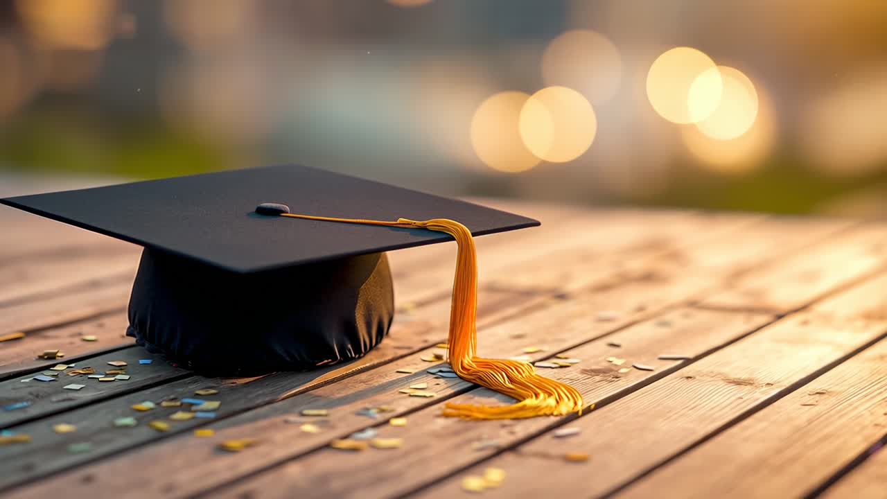 Tocco di laurea su tavolo di legno, angolazione bassa, bokeh al tramonto. Perfetto per video celebrativi. Sfondo animato