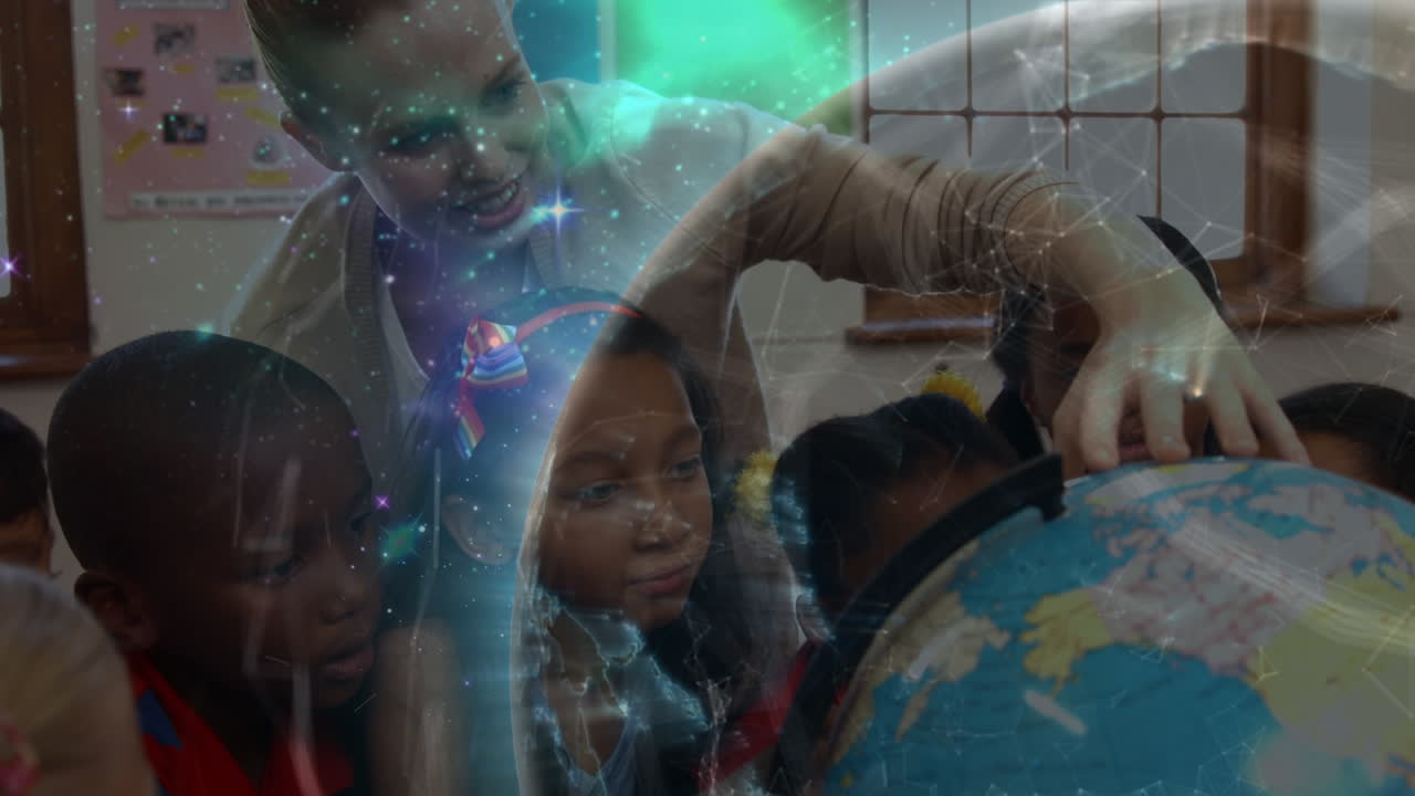 animación del globo digital sobre diversas maestras y escolares que leen el globo