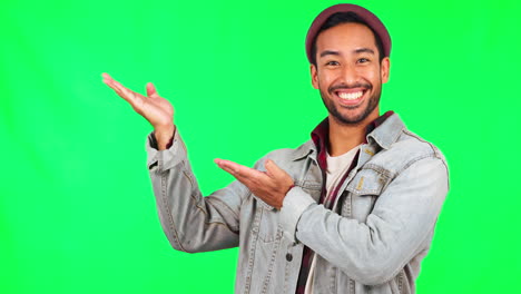 man, portrait and showing a promotion in green