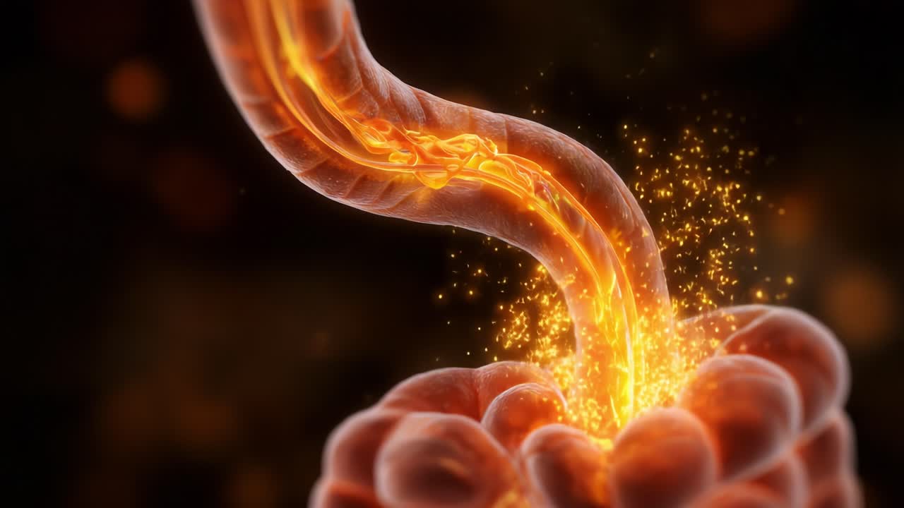 An Intricate Visualization of the Digestive Process: A Glowing Representation of Intestines and Nutrient Flow, Capturing the Dynamics of Biological Functions in a Stunning Fantasy Setting
