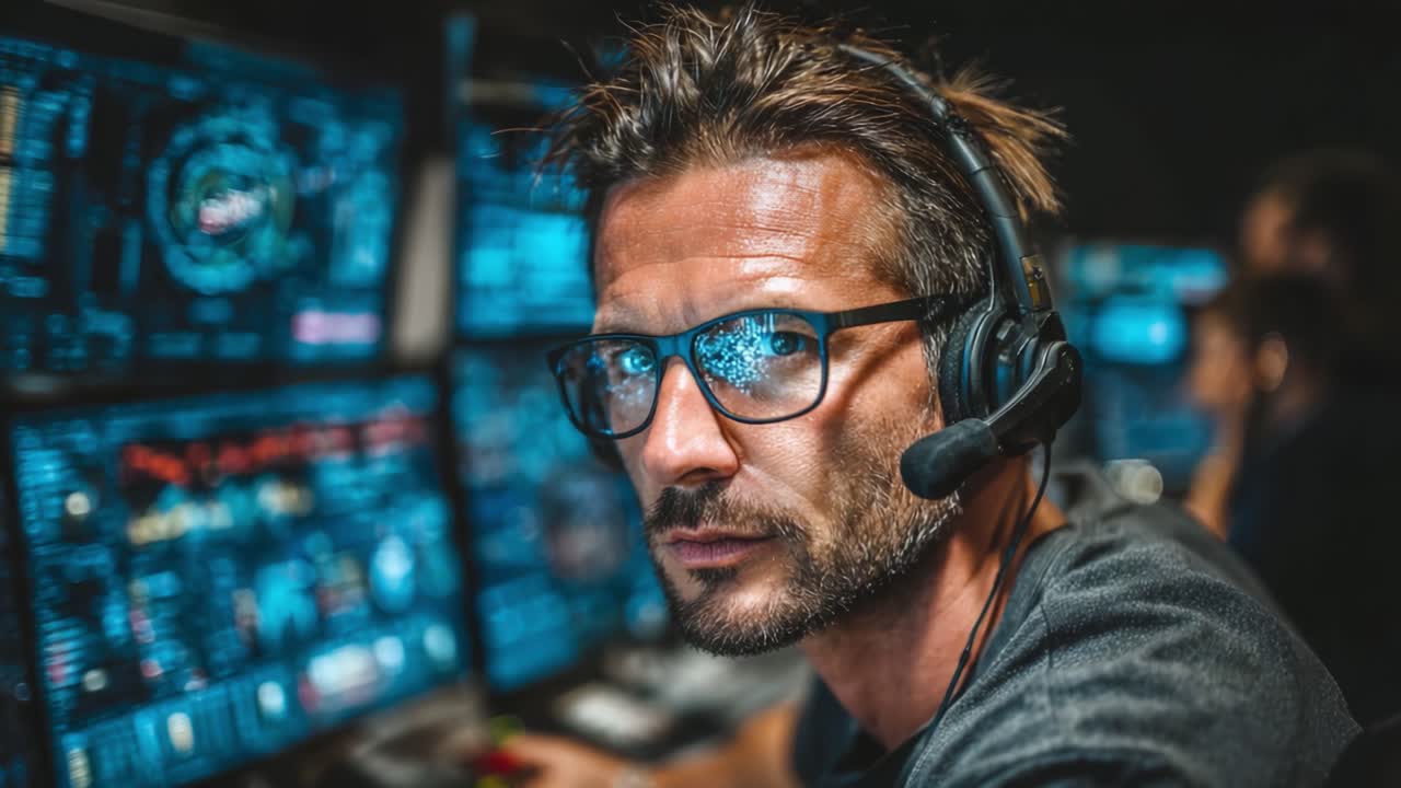 Focused Tech Specialist Monitors Data Streams, Utilizing Advanced Software and Communication Tools to Address Real-Time Challenges in a High-Tech Environment