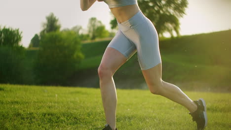 the camera watches the woman lifting her legs and making back lunges during a training session in the park