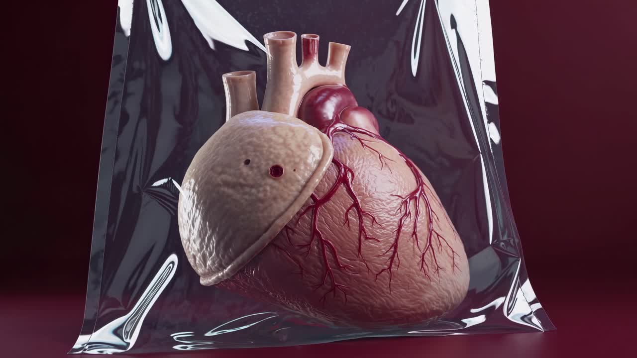 Realistic anatomical heart model with electrode sealed in plastic bag suggesting organ donation, healthcare and medical research on dark background