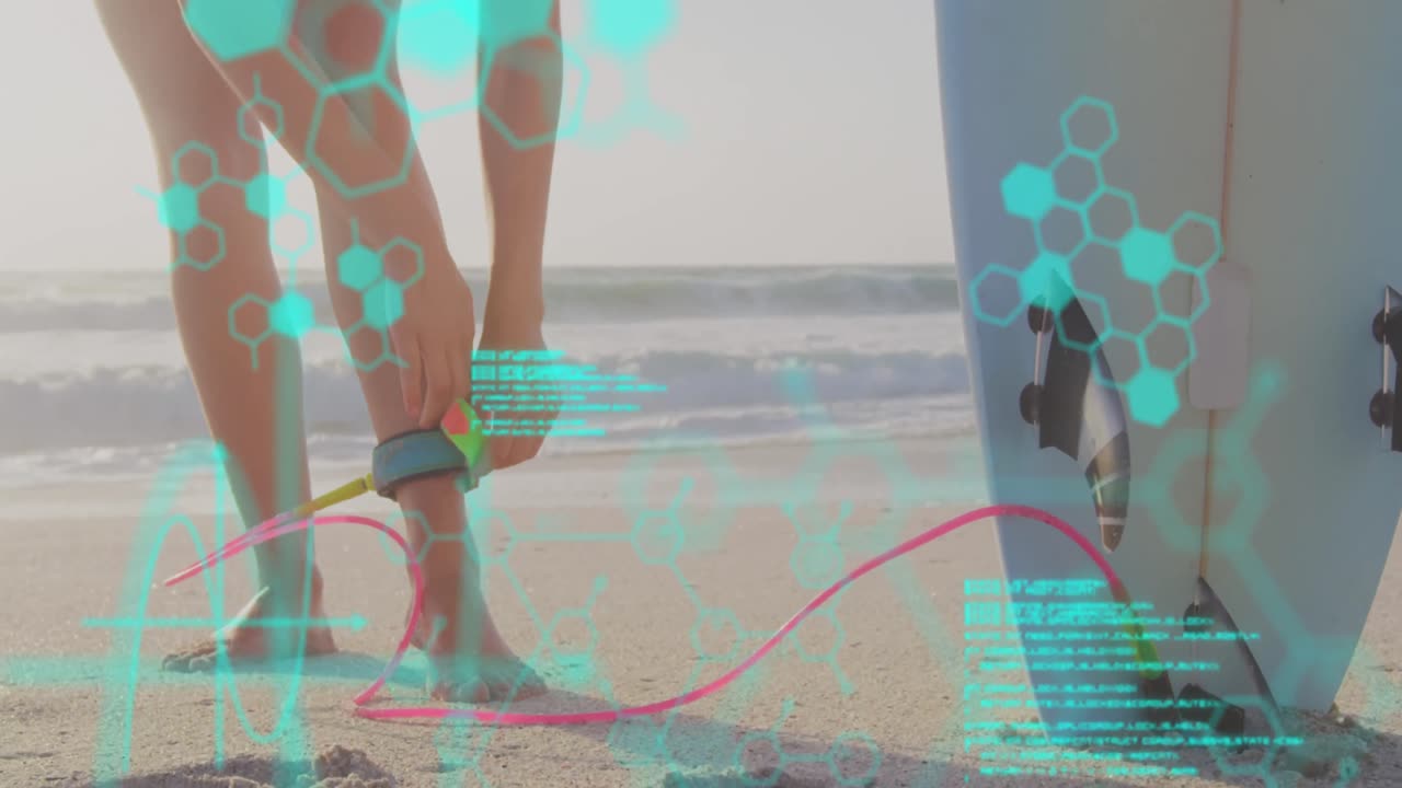 chica preparándose para surfear sobre ecuaciones matemáticas.