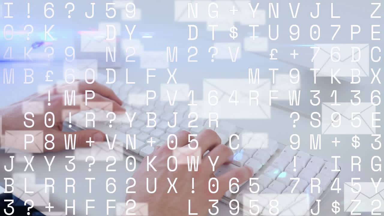 Animation of multiple message icons and data processing over close up of person typing on keyboard
