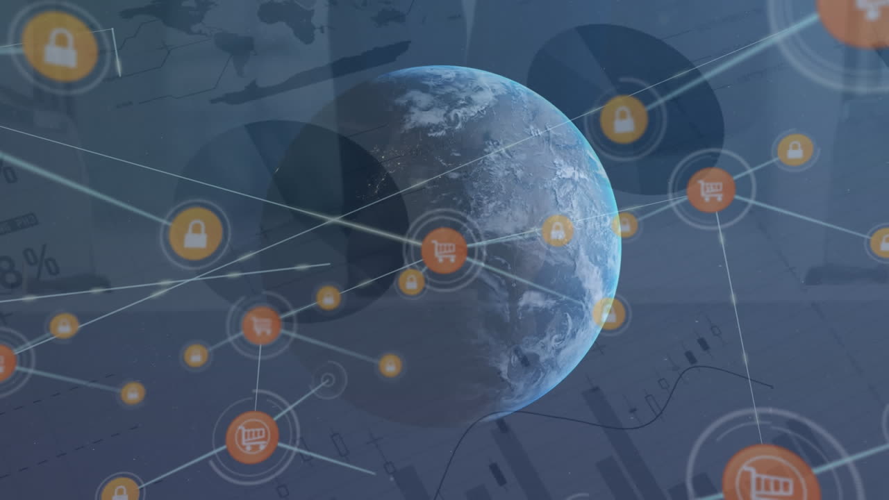 анимация сети цифровых икон и обработка статистических данных на фоне вращающегося глобуса