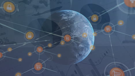 animación de una red de iconos digitales y procesamiento de datos estadísticos frente a un globo giratorio