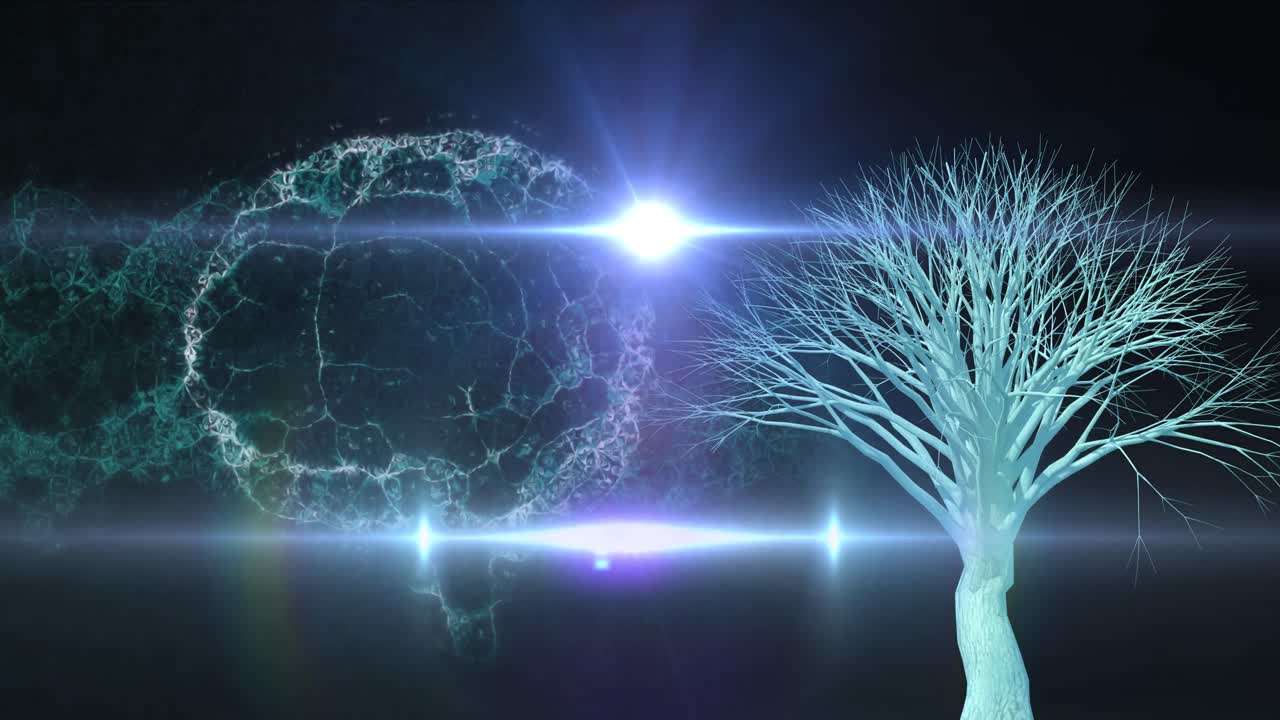 animación del cerebro girando sobre fondo negro con luces y árbol