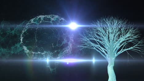 animation of brain rotating over black background with lights and tree