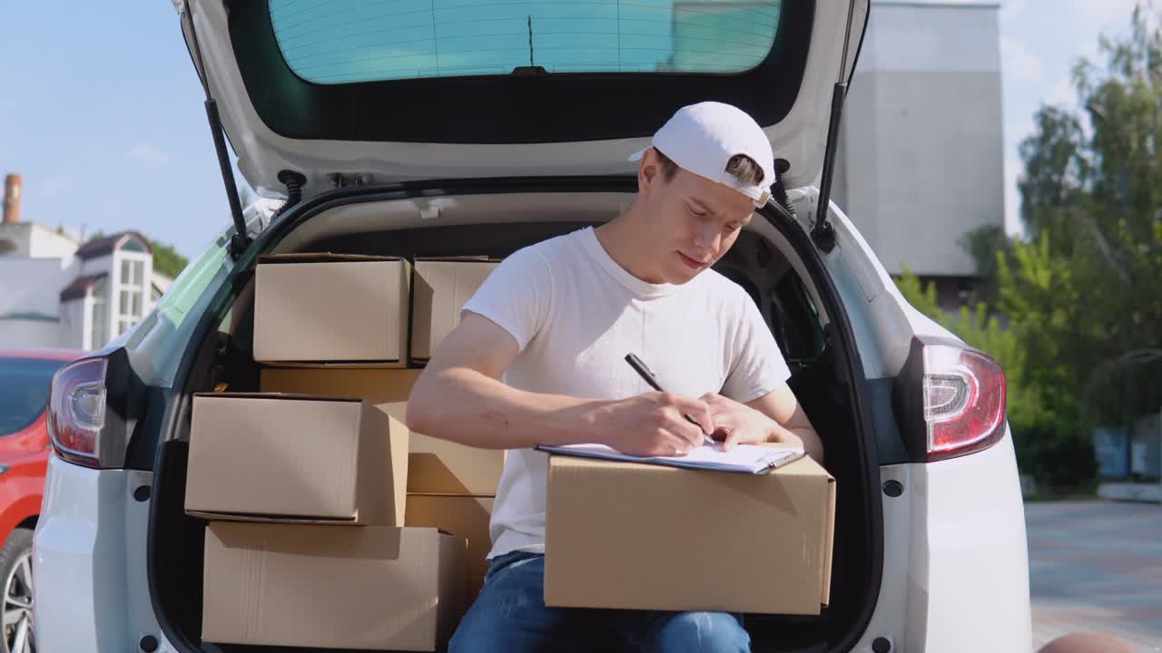 el mensajero se sienta en el borde del maletero abierto, lleno de cajas de mercancías y llena los documentos. entrega de bienes a casa