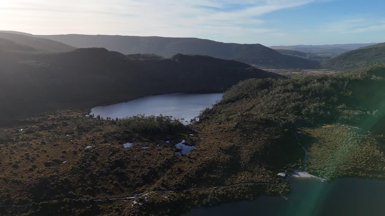 Aerial view over one of the crater lakes in the Cradle mountain range of Tasmania.