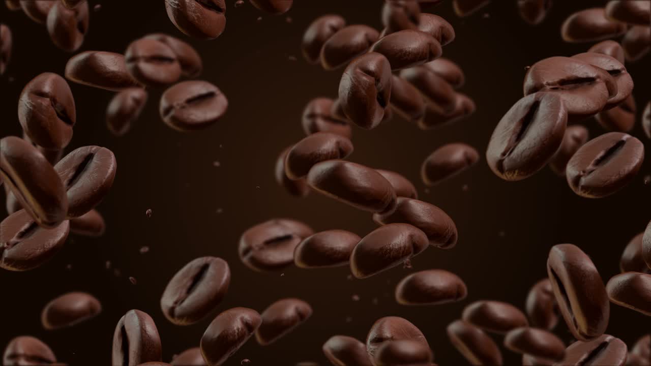 Polvere di chicchi di caffè tostati che cade davanti a uno sfondo scuro e a schermo verde. 4K 3D