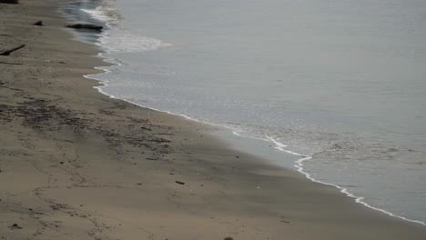 dark volcanic sand on shore of an island with gentle waves breaking, real time