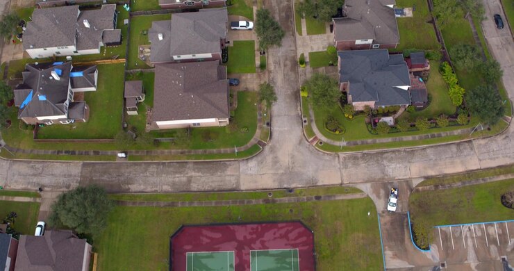 Birds eye view of suburban homes and neighborhood in Missouri City, Texas