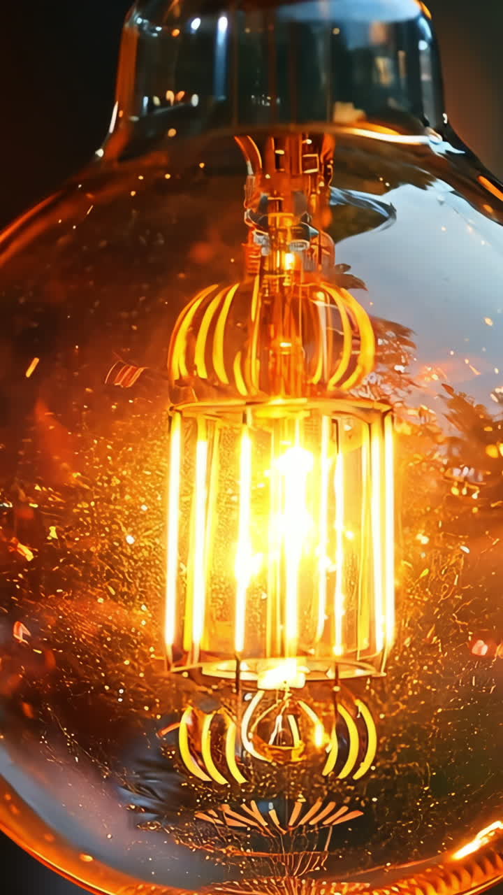 A light bulb hanging from a ceiling with a warm glow. The light bulb is surrounded by a glass casing, which gives it a unique and artistic appearance. The scene is set in a dimly lit room