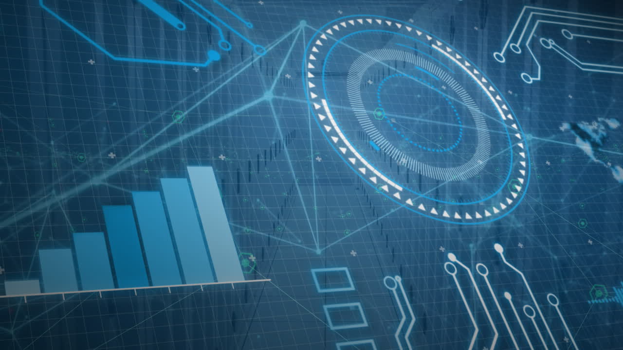 animación del escáner redondo, la red de conexiones y el procesamiento de datos contra la sala de servidores.