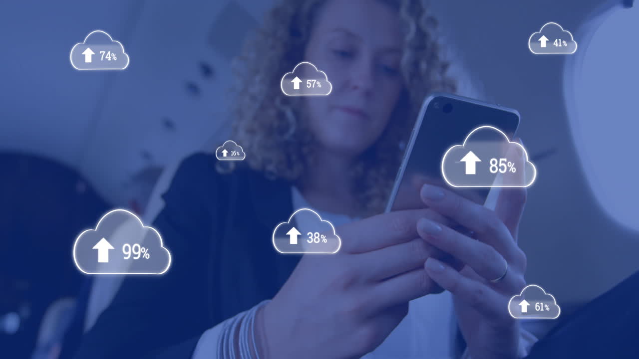 Animation of clouds with percents and arrow over caucasian businesswoman using smartphone