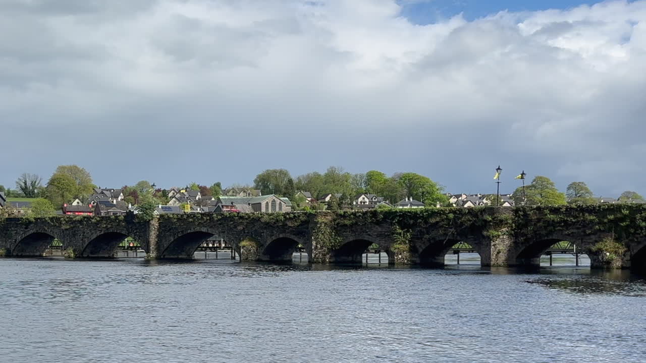 Moss and ferns grow on medieval stone arch bridge in Clare Ireland